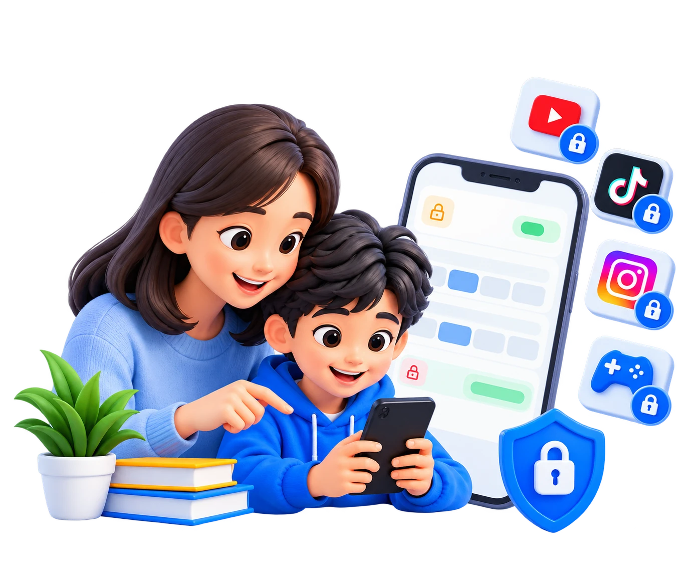 A parent and child looking together at a phone, with YouTube, TikTok, Instagram and a game app each carrying a padlock badge beside a shield