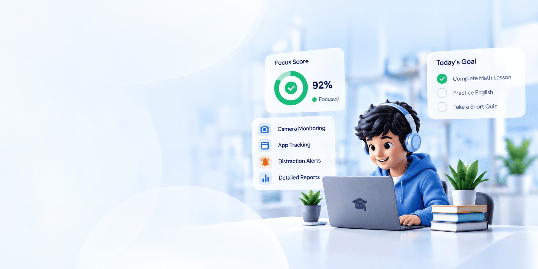 A student studying with a live focus score of 92 percent, camera monitoring, app tracking, distraction alerts and detailed reports